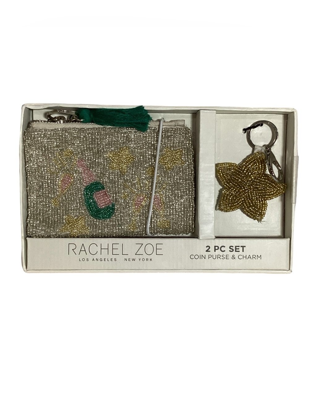 Rachel Zoe 2pc Beaded Champagne Coin Bag & Star Keychain Set NEW